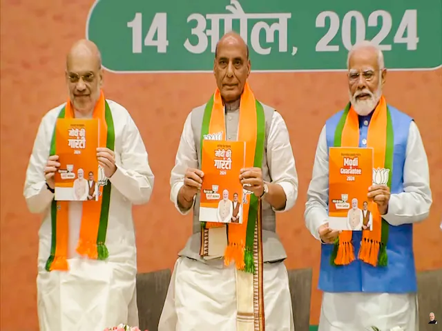 from left to right: amit shah, rajnath singh and PM Modi attends BJP Sankalp Patra release programme at Party HQ